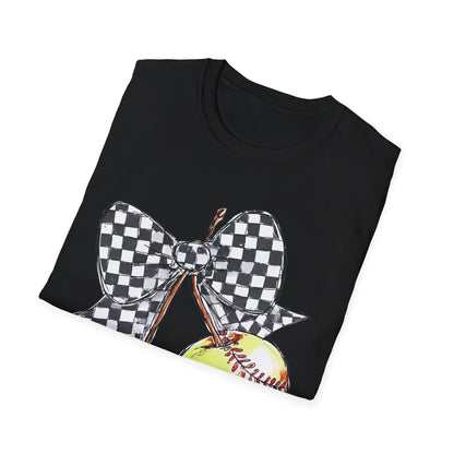 Softball Bow Unisex T-Shirt, Softball Mom Gift, Sporty Graphic Tee, Casual Wear, Team Spirit Shirt