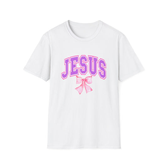 Jesus Bow Graphic Unisex Softstyle T-Shirt, Faith-Based Gift, Cute Christian Tee, Religious Apparel, Pastel Aesthetic Fashion