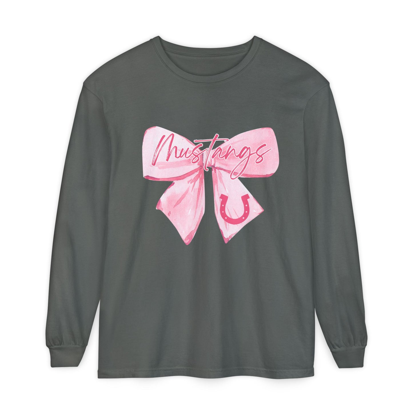 Mustangs Pink Bow Long Sleeve T-Shirt | Stylish Unisex Tee for Horse Lovers | Perfect Gift for Birthdays, Equine Events, or Casual Wear