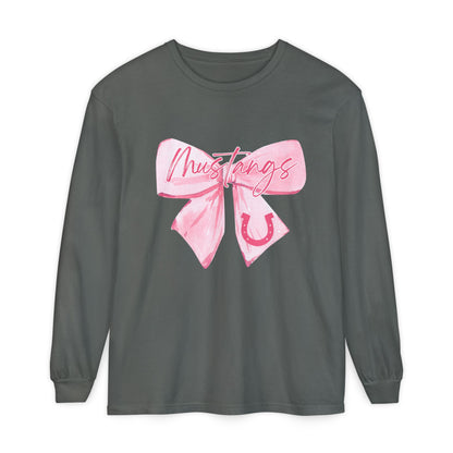 Mustangs Pink Bow Long Sleeve T-Shirt | Stylish Unisex Tee for Horse Lovers | Perfect Gift for Birthdays, Equine Events, or Casual Wear