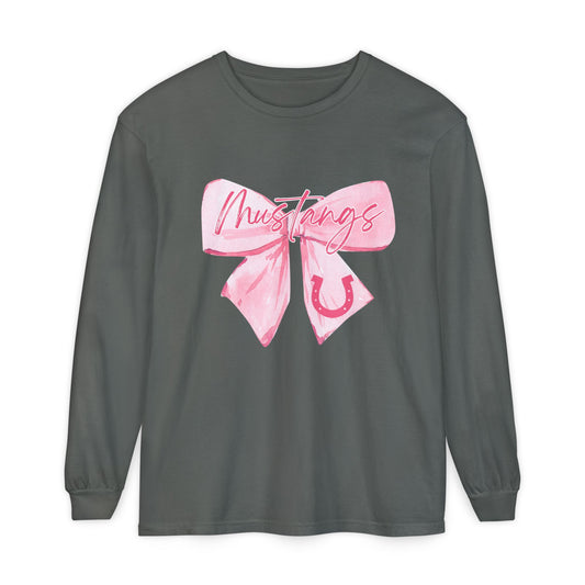 Mustangs Pink Bow Long Sleeve T-Shirt | Stylish Unisex Tee for Horse Lovers | Perfect Gift for Birthdays, Equine Events, or Casual Wear