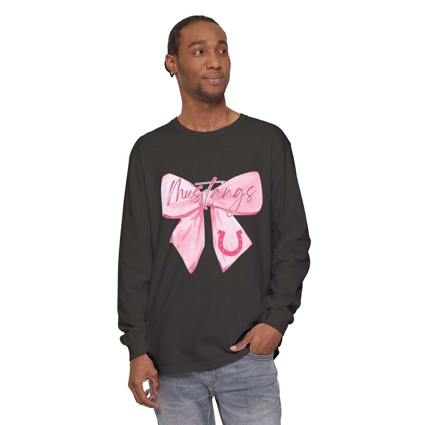 Mustangs Pink Bow Long Sleeve T-Shirt | Stylish Unisex Tee for Horse Lovers | Perfect Gift for Birthdays, Equine Events, or Casual Wear