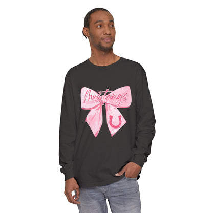 Mustangs Pink Bow Long Sleeve T-Shirt | Stylish Unisex Tee for Horse Lovers | Perfect Gift for Birthdays, Equine Events, or Casual Wear