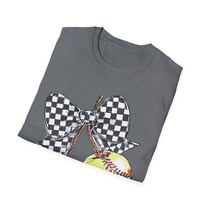 Softball Bow Unisex T-Shirt, Softball Mom Gift, Sporty Graphic Tee, Casual Wear, Team Spirit Shirt