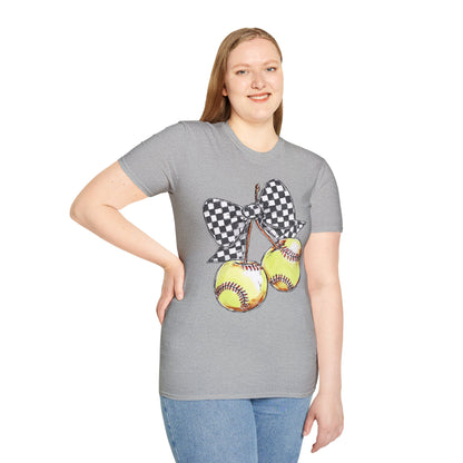 Softball Bow Unisex T-Shirt, Softball Mom Gift, Sporty Graphic Tee, Casual Wear, Team Spirit Shirt
