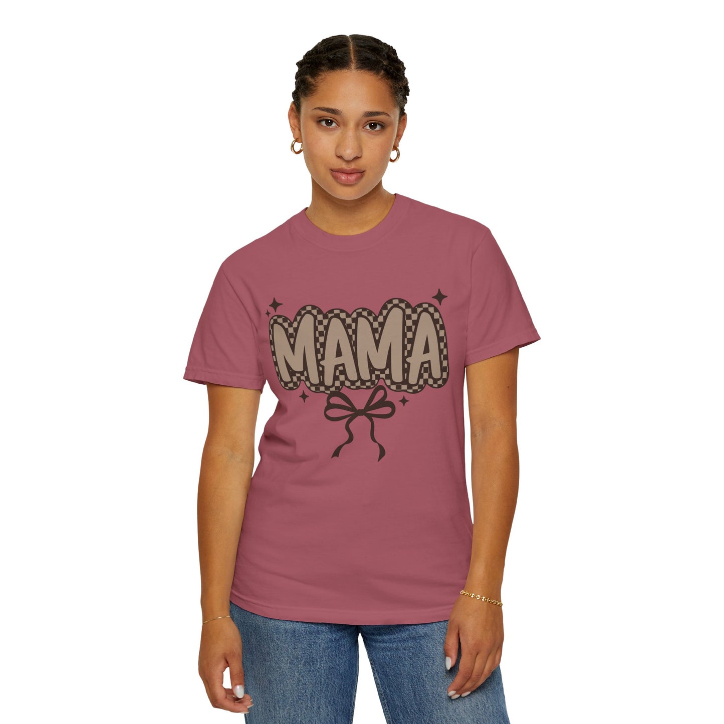 Mama Graphic T-Shirt — Retro Patch Lettering with Bow