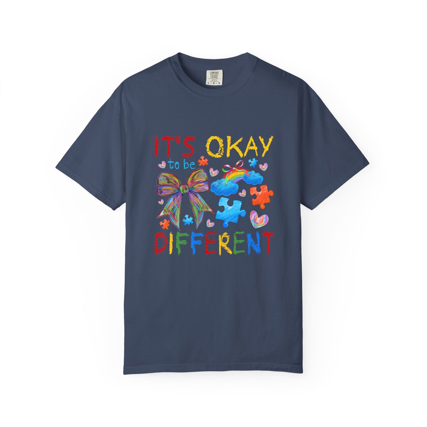 Unisex Garment-Dyed T-Shirt with Inspirational Message - It's Okay to be Different, Rainbow Puzzle Tee, Gift for Autism Awareness, [...]