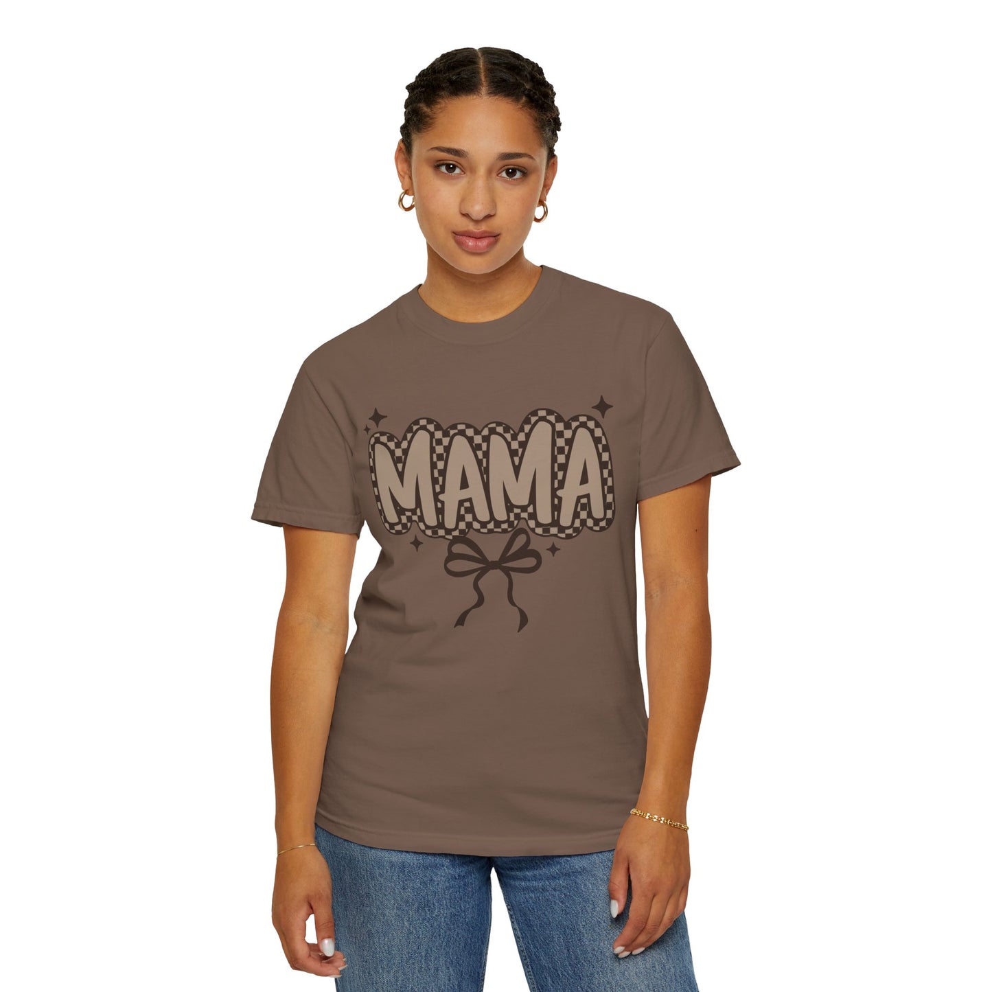 Mama Graphic T-Shirt — Retro Patch Lettering with Bow