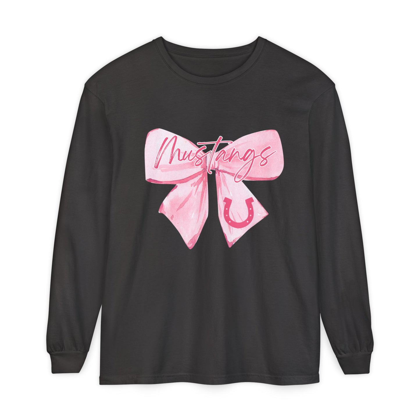 Mustangs Pink Bow Long Sleeve T-Shirt | Stylish Unisex Tee for Horse Lovers | Perfect Gift for Birthdays, Equine Events, or Casual Wear