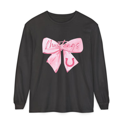 Mustangs Pink Bow Long Sleeve T-Shirt | Stylish Unisex Tee for Horse Lovers | Perfect Gift for Birthdays, Equine Events, or Casual Wear