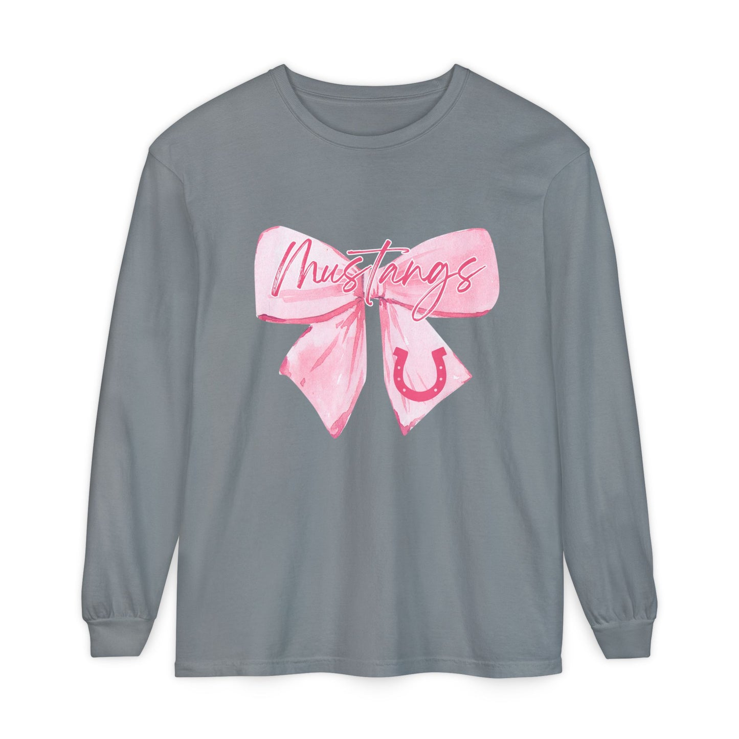Mustangs Pink Bow Long Sleeve T-Shirt | Stylish Unisex Tee for Horse Lovers | Perfect Gift for Birthdays, Equine Events, or Casual Wear