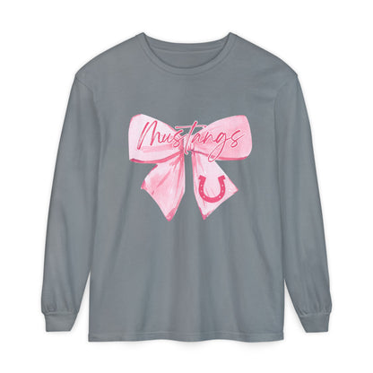 Mustangs Pink Bow Long Sleeve T-Shirt | Stylish Unisex Tee for Horse Lovers | Perfect Gift for Birthdays, Equine Events, or Casual Wear
